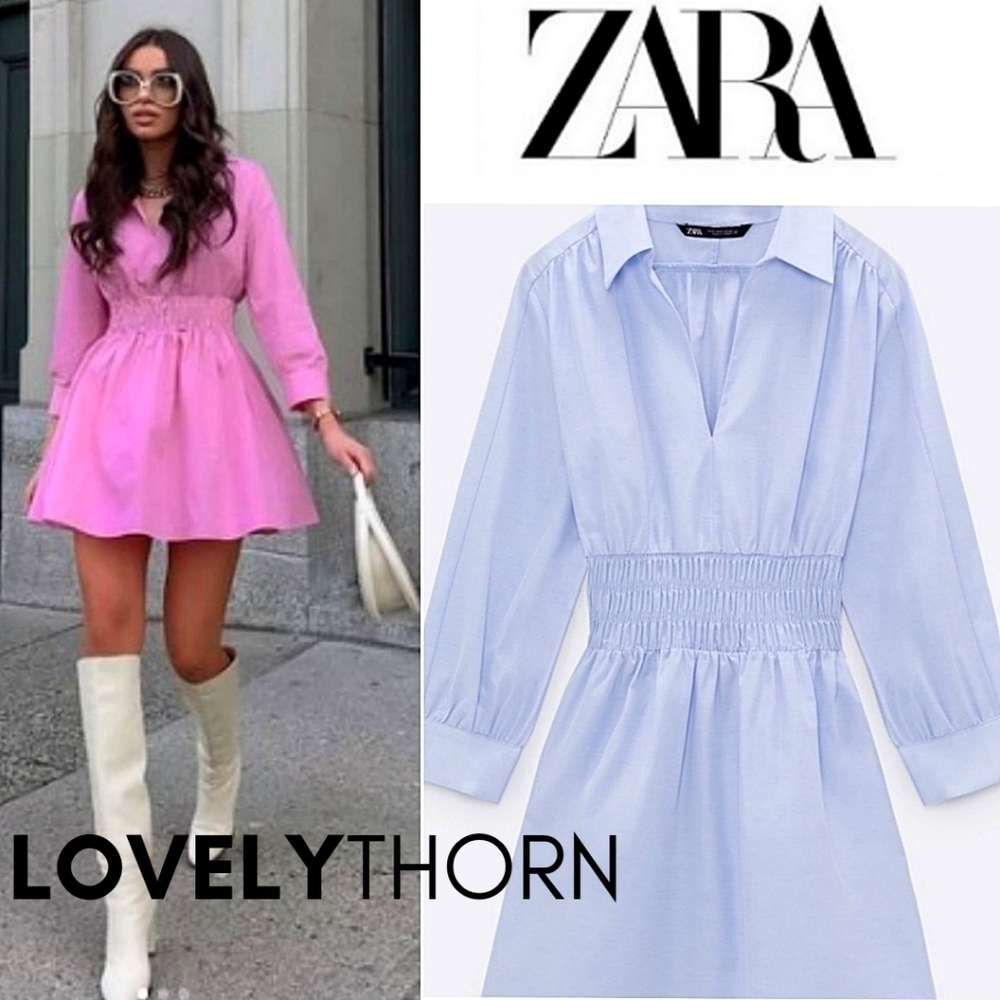 ZARA // retro-chic blue poplin collar smock waist long sleeve plunge mini dress